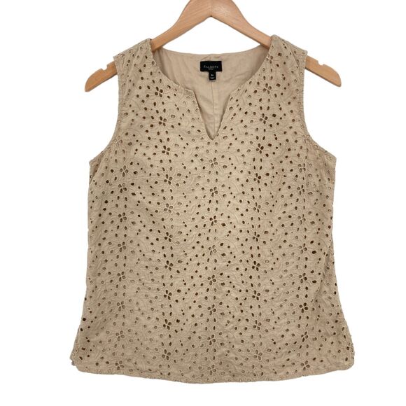 Talbots Tank Top Womens Petite 8P Tan Eyelet 100% Cotton V Neck Slit Pullover - Picture 1 of 16